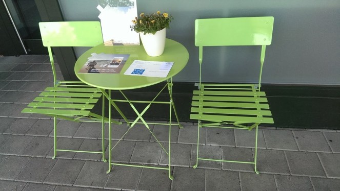 Seats in front of shops